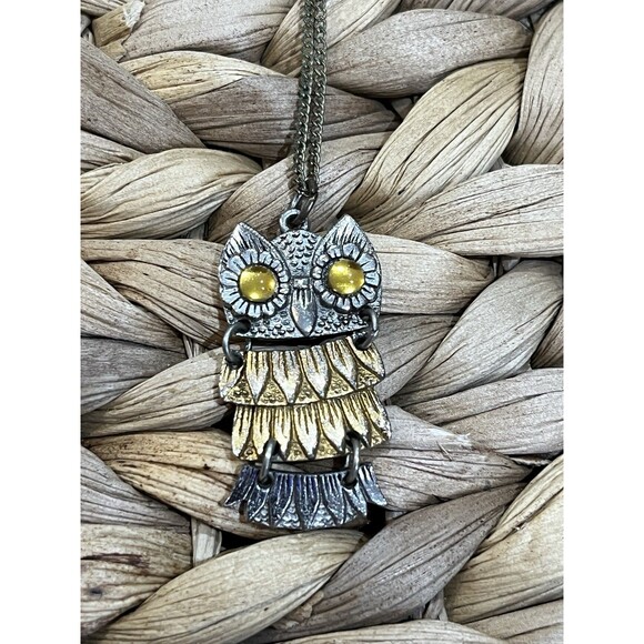 Vintage Mixed Metal Articulated Owl Pendant Necklace With Yellow Stone Eyes - Picture 1 of 7